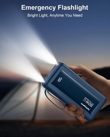 Повербанк 27000mAh з 4 вбудованими кабелями та LED-дисплеєм, швидка зарядка 30W USB-C для iPhone, Samsung, iPad та Android смартфонів (Темно-синій)