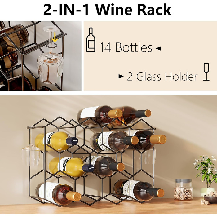 Urban Deco Wine Rack for 14 Bottles made of Metal, Bottle Rack Black with 2 Hooks for 2 Wine Glasses, Small Wine Rack for Kitchen, 43 x 13.6 x 31 cm
