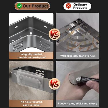 Поличка для душу без свердління, кутова, для ванної кімнати, органайзер, шафка для душу, тримач для шампуню, 2 гачки, темно-сірий