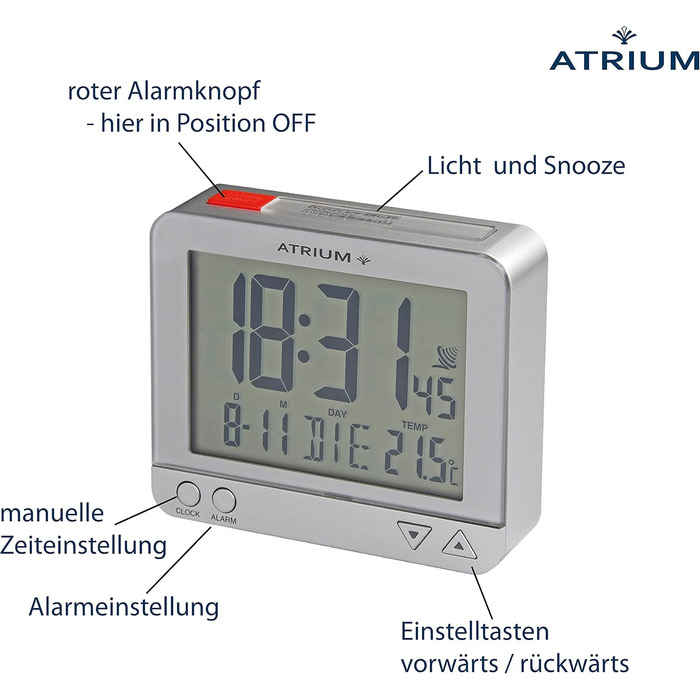 Atrium Funk-Wecker digital Silber with sensor-controlled night light, top-side snooze button, date and temperature display A760-19