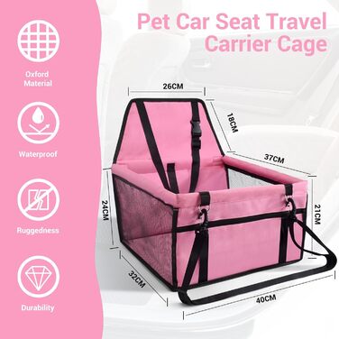 Автокрісло для собак: стабільне, дихаюче, з тканини Оксфорд, для маленьких та середніх собак, рожеве
