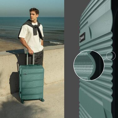 Набір валіз NUMADA Upfly T10 (3 шт.) з ABS: ручна валіза 55x40x20, середня валіза 66x44x26, косметичка. Зелений колір. Безпечний та міцний.