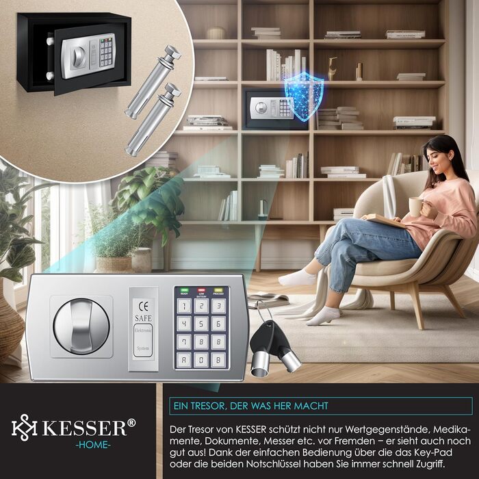 Електронний сейф KESSER® настінний, 31x20x20 см, з подвійним замком, внутрішнім освітленням, чорний (L)