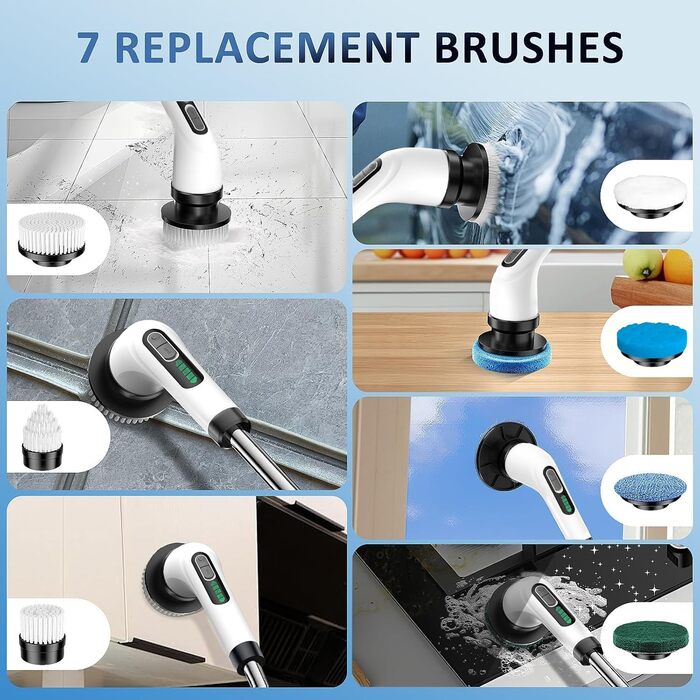 Електрична щітка для прибирання FYDEE IPX7 з 7 насадками та регульованою ручкою. Бездротовий Power Scrubber для ванної, кухні, авто та підлоги.