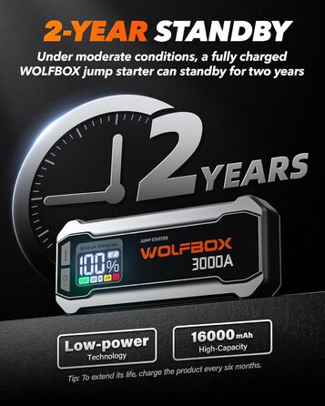 Powerbank WOLFBOX для запуску авто: 12V, 3000A, LED-ліхтар, для SUV, LKW, мотоциклів