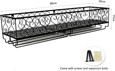 W-612 Metallic Black Wall-Mounted Wine & Champagne Glass Goblets Stemware Rack Holder, 80 x 20 cm Capacity up to 18 Bottles of Wine and 18 Glasses