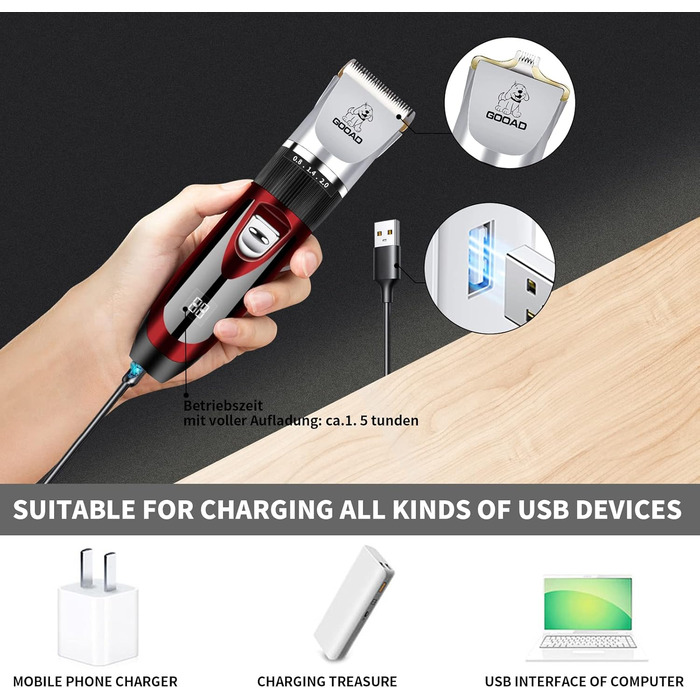 Електрична машинка для стрижки собак та котів, тиха, USB, акумуляторна, бездротова (червона)