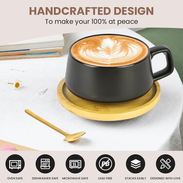 Набір кавових чашок капучино з блюдцем, 4 шт. Об'єм 320 мл, з кераміки, товстостінні, для еспресо, капучино, лате (чорний)