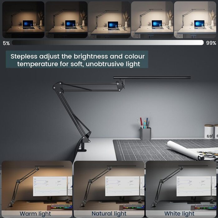 Світлодіодна лампа для робочого столу, кріпиться на край столу, архітектурна лампа з адаптером QC3.0, лінза Френеля, чорна