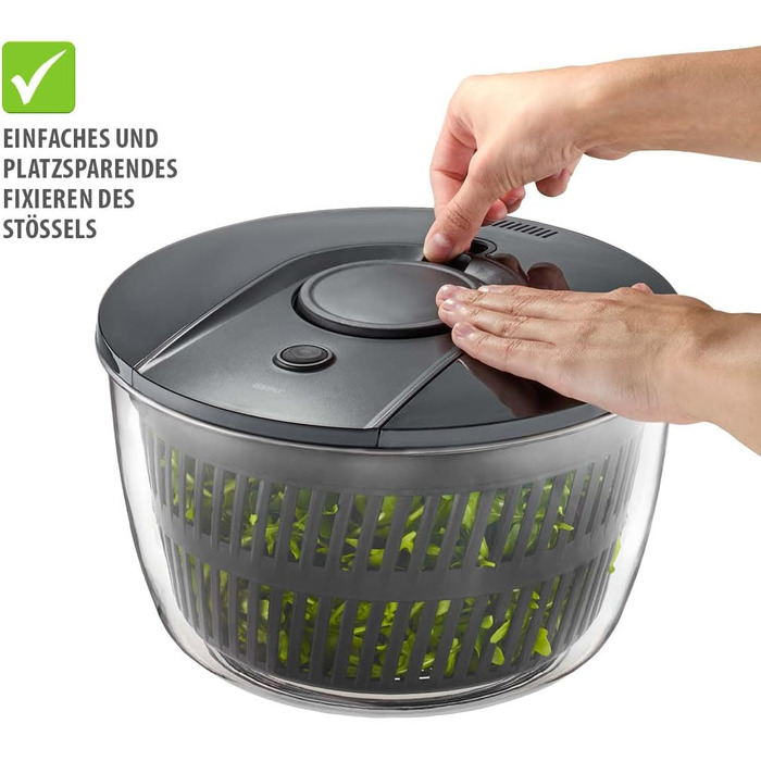 GEFU Салатоотжим - 5 л, з механізмом Push, вбудований виливний носик, кнопка зупинки, неслизький, придатний для миття в посудомийній машині (Чорний/Прозорий)