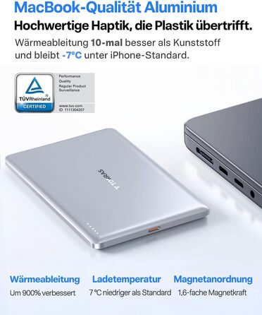 TORRAS MiniMag Ultra Slim Powerbank з MagSafe для iPhone 17 Pro Max, 5000mAh, Швидка зарядка, Бездротовий акумулятор, USB-C, Серія Titan (Сріблястий)