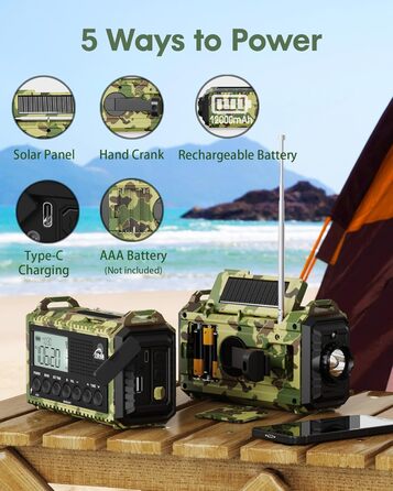 Радіо Kurbelradio на сонячній батареї та з ручкою, 12000mAh, AM/FM/SW, USB-зарядка, SOS-сигнал, ліхтарик, для кемпінгу та надзвичайних ситуацій, зелений камуфляж