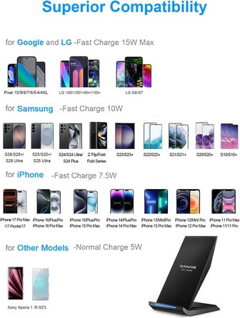Бездротовий зарядний пристрій NANAMI 15W для iPhone 17/16/15/14/13/12/11 Pro Max/XS/XR/X/8 Plus та Samsung Galaxy S26/S25/S24/S23 – Швидка індуктивна зарядка, чорний