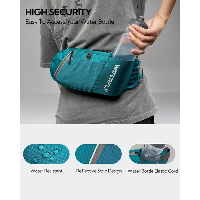 WATERFLY Поясна сумка на пояс для чоловіків та жінок з тримачем для пляшки: спортивна, стильна, для бігу, прогулянок, тренувань з собакою, подорожей. (Турквіс)