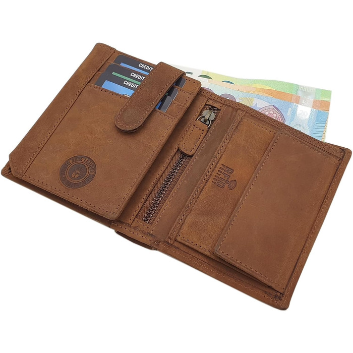 myledershop Genuine Buffalo Leather Wallet/Bifold/Cardholder/Money Clip in Portrait or Landscape Orientation with Wolf Motif and RFID & NFC Protection (Model 1 / Portrait/Cognac)