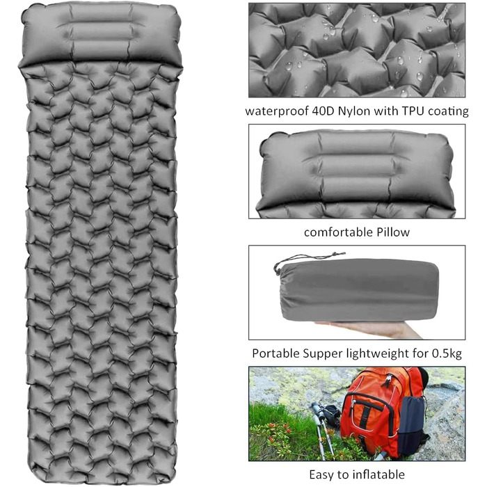 Ultralight Inflatable Camping Mat with Pillow - Waterproof Folding Air Mattress for Camping, Hiking, Travel & Backpacking