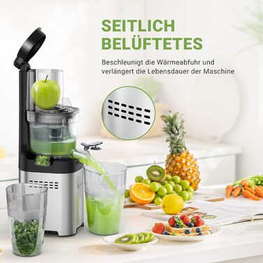AMZCHEF Juicer, Slow Juicer - 126MM Large Feed Chute for Whole Vegetables and Fruits, Stainless Steel Juicer, Easy to Clean, Large Auger, Double Strainers