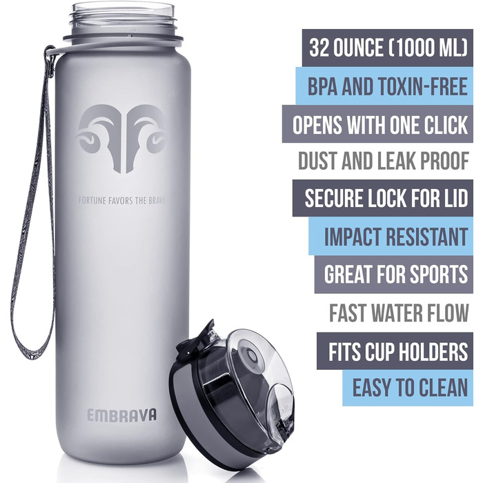 Embrava Best Sport Water Bottle - 1000ml - fast-flowing, flip-top leak-proof lid that opens with a click - non-toxic, BPA-free & eco-friendly Copolyester Tritan plastic