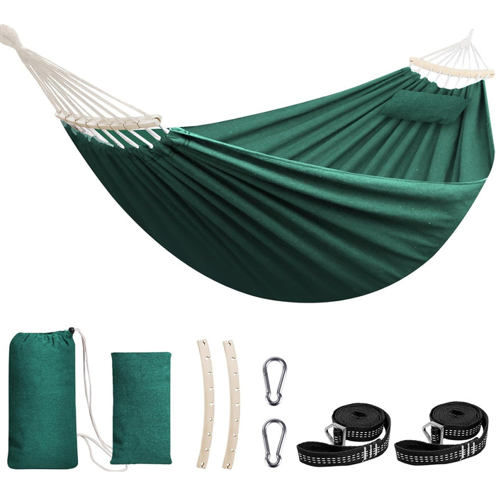 Chihee Hammock - Cotton, Large, Soft, Breathable Camping Hammock - Holds up to 300kg - Portable Tree Hammock with Detachable Spreader Bar, Head Pillow, 2 Strong Straps, 2 Carabiner Hooks (Dark Green)