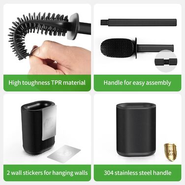 HOMEASY Silicone Toilet Brush Black - Stainless Steel Toilet Brush with Stainless Steel Holder, Flexible Silicone WC Brush Set, Toilet Brush with Holder, Wall Mount (No Drilling) & Stand for Bathroom