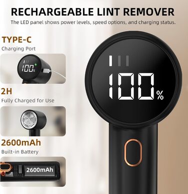Електричний видалення ворсу з одягу: бездротовий триммер для одягу з 6 лезами та 3 швидкостями, LED-дисплей (Чорний)