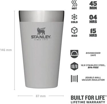 Термокружка Stanley Adventure Stacking Bierkrug 473 мл з нержавіючої сталі - 4 години холоду, без BPA, з подвійними стінками, вакуумна ізоляція, миється в посудомийній машині (Ash)