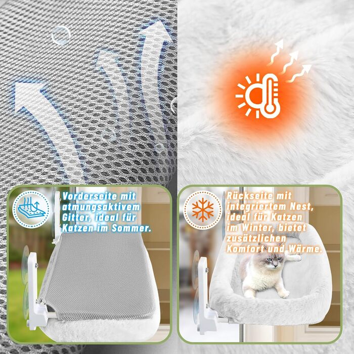 Лежанка для котів на вікно 60x30 см, гамак для котів зі стабільними присосками, складане ліжко для котів на віконний підвіконня, до 20 кг, (з ліжком для котів XL, бежевий)