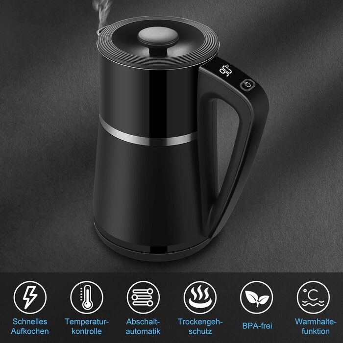 Електричний чайник WANNYTON з регулюванням температури 40-100°C, 1.7 л, 2200 Вт, чорний