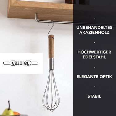 Преміум вінчик для збивання з дерев'яною ручкою з акації 28 см - високоякісний вінчик для збивання з нержавіючої сталі для кухні (стійкий до корозії) - дизайнерський вінчик та ручний вінчик з дерева