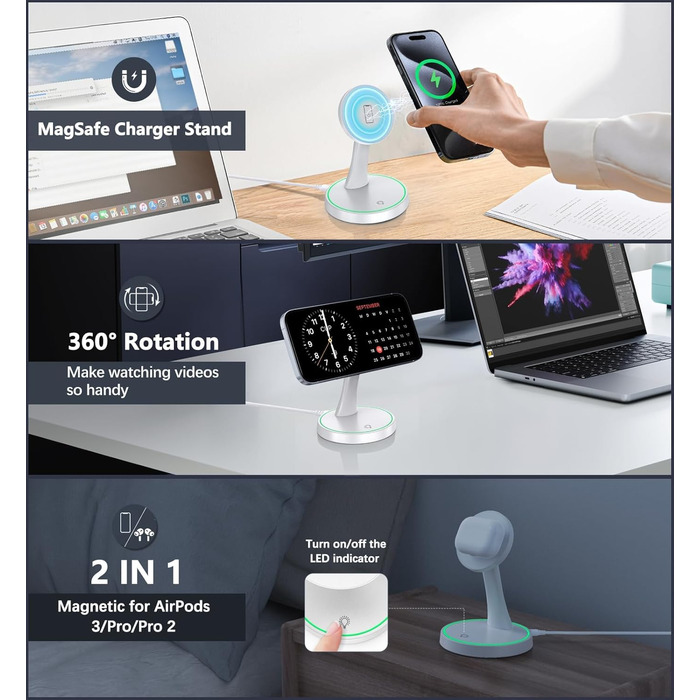 Зарядний пристрій Induktive OANDYS 2-в-1 з підтримкою MagSafe, 15W, для iPhone 17/16/15/14/13/12 та AirPods, бездротовий, з нічним світлом