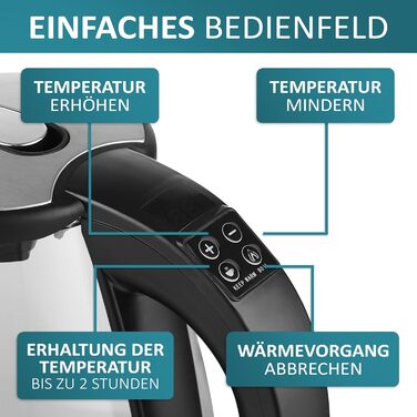 Електричний чайник Ecosa® зі скляною колбою та нержавіючою сталлю, 1,8 л, 2200 Вт, регулювання температури 40°C-100°C, з підігрівом, LED-підсвічуванням, BPA Free