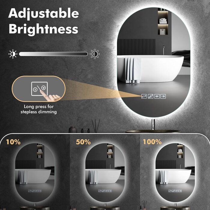 Дзеркало для ванної кімнати з підсвічуванням LED, 60 см, протитуманна функція, Bluetooth, сенсорний вимикач, регулювання яскравості, 3000K/4000K/6500K, HD-загартоване скло, 500x750 мм (овальне)