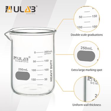 ULAB Heavy Duty Beaker, 6 Pieces Vol.250ml (8.45oz), Borosilicate 3.3 Glass, Thick-Walled Beakers, with Double Scale, Superior Durability & Chemical Resistance, UBG1055