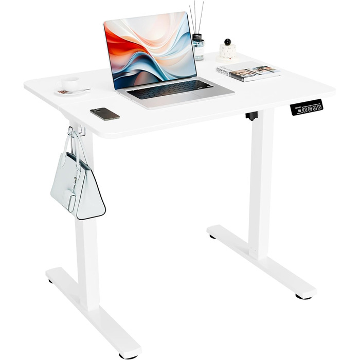 ERGOMAKER Electric Height Adjustable Desk 80x60cm - Small Standing Desk with 2-Section Tabletop, Height Adjustable Desk for Home Office, White Frame & Tabletop