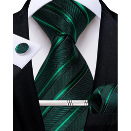 Набір краваток для чоловіків DiBanGu з шовковими смугами та клітинкою, з кишеньковим хустиною, затискачами для краваток та латунними манжетами, для весілля та офіційних заходів, зелений в смужку
