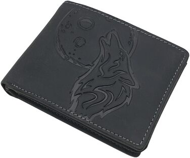 myledershop Genuine Buffalo Leather Wallet/Bifold Wallet/Card Holder/Money Bag in Portrait or Landscape Format with Wolf Motif and RFID & NFC Protection (Model 2 / Landscape/Black)