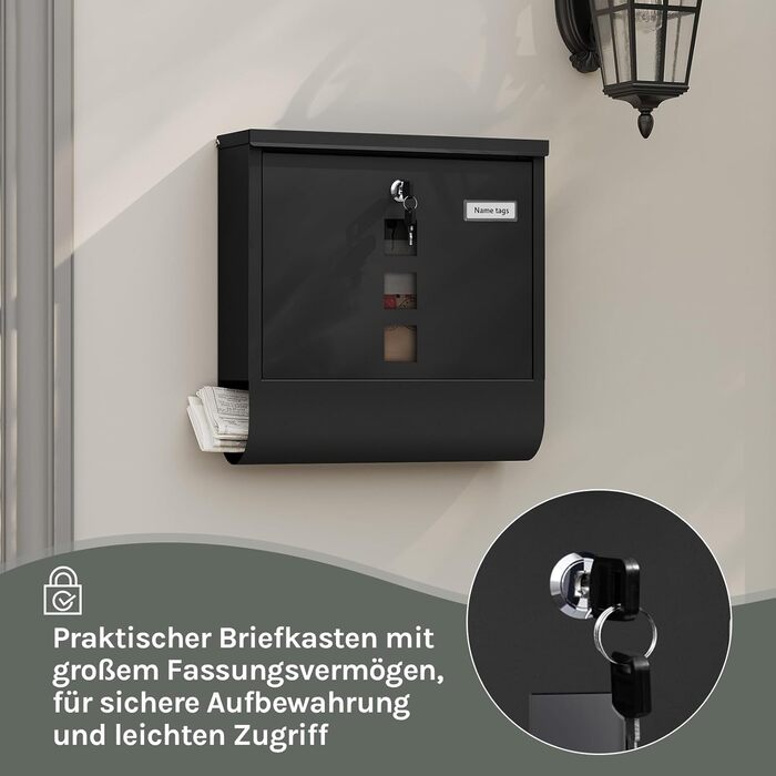 Поштовий ящик WOLTU з газетницею та вікном, персоналізований, замиканий, з 2 ключами, сучасний, 37x37x10.5 см, чорний