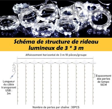 LED штора Anpro 3x3м, USB, 8 режимів, тепле світло - декор для дому та вечірок