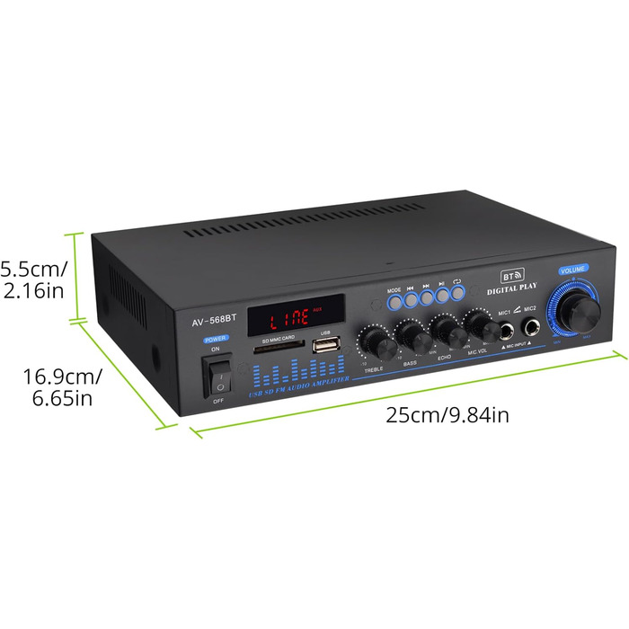 LiNKFOR стерео підсилювач Bluetooth для дому та авто з FM-радіо, USB/SD/MP3, LED-дисплей, HiFi аудіо, 29.5×23×10 см