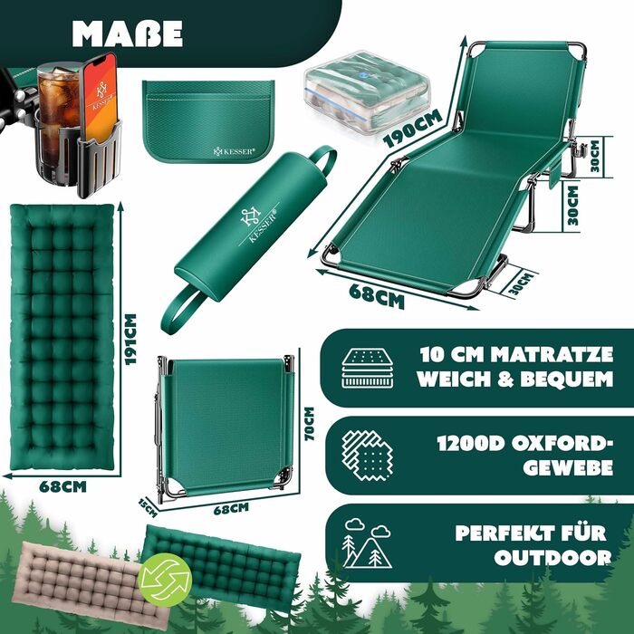 Ліжко похідне KESSER® складане з преміум-подушкою 190x68x30 см, до 250 кг, зелено-бежеве. З кишенею, підсклянником, для кемпінгу, гостей, в приміщенні/на вулиці