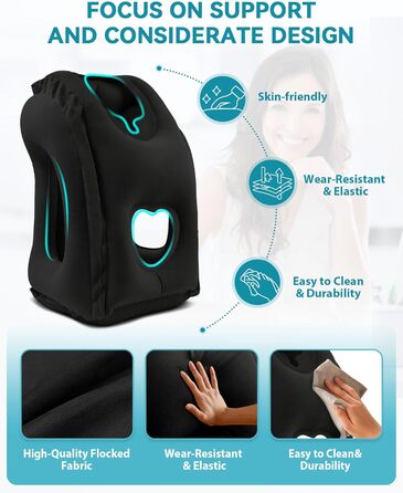 JefDiee Inflatable Neck Pillow Travel Airplane, Portable Travel Pillow, Neck Support Pillow Comfortably Supports Head and Chin, Pillow for Trains, Cars, Office, Home, with 3D Eye Mask, Earplugs (Black)
