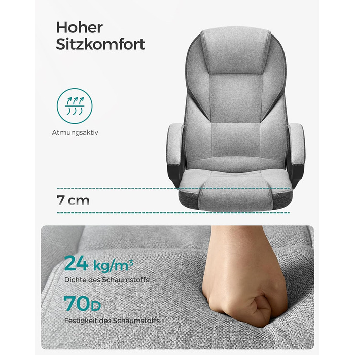 Крісло офісне SONGMICS, крісло для офісу, крісло для комп'ютера, крісло шеф-менеджера, регульована висота, оббивка, сірий (54 x 50 x 112-122 см)