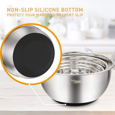 Mixing Bowls 5-Piece Set, Wildone Stainless Steel with Airtight Lids, 3 Grater Attachments, Measuring Markings, and Non-Slip Bottoms, Sizes 5, 3, 2, 1.5, 0.63 QT, ideal for mixing and serving