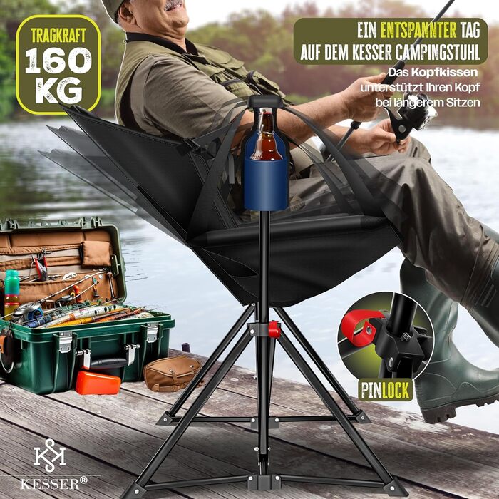 Крісло-гойдалка KESSER® для кемпінгу, риболовлі та пляжу, 160 кг, з підсвіткою та тримачем для напоїв, сіре (темно-синій/чорний)