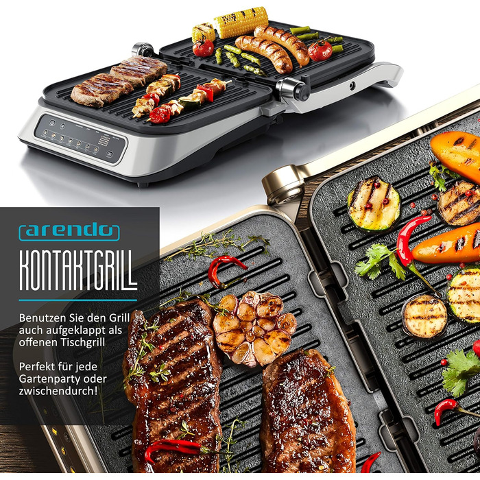Arendo Electric Grill with Digital Control - 1900W Multi-Function Grill & Sandwich Maker - Stainless Steel, 7 Programs, Easy Clean