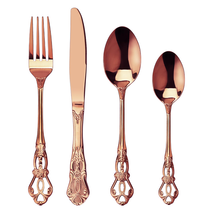 Набір столових приборів Retro на 6 осіб з нержавіючої сталі (рожеве золото, 24 предмети) - вишуканий сервіз в античному бароковому стилі: виделки, ложки, ножі
