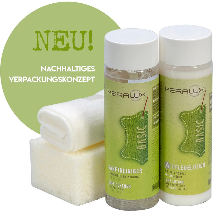 KERALUX 4-piece leather care set A for aniline leather, 200 ml cleaner, 200 ml conditioner, sponge, cloth. Includes impregnation and UV protection.