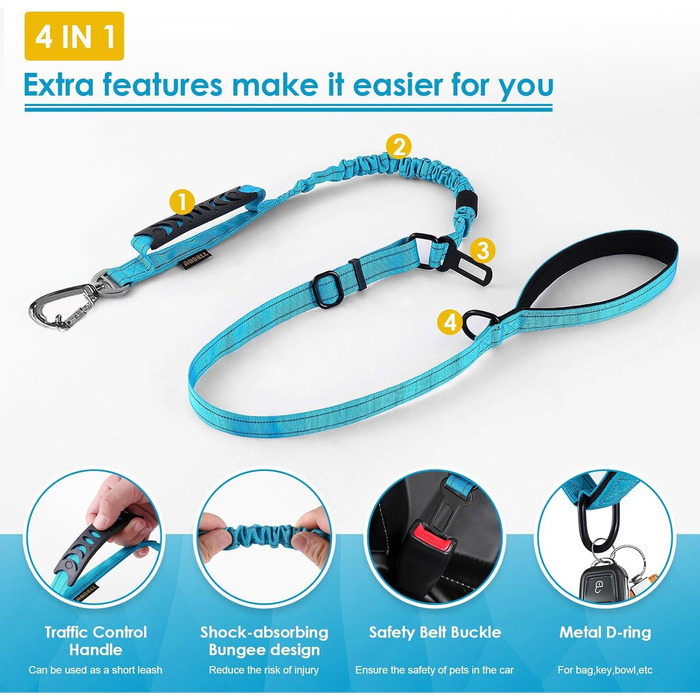 Тактична повідок для собак AUBELL, міцна, світловідбиваюча, без натягу, з амортизатором, для середніх та великих собак, з м'якою ручкою, страхувальний ремінь для авто, поворот на 360°, зелений (M-L, синій)