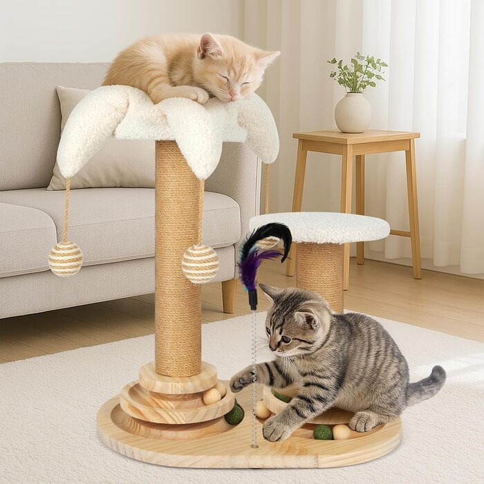 Інтерактивна іграшка для котів 6 в 1: дерев'яний комплекс з кульками, пір'ям, м'ячиком-трекером, когтеточкою з сизалю та джуту. Підходить для котів середніх та маленьких порід (білий)