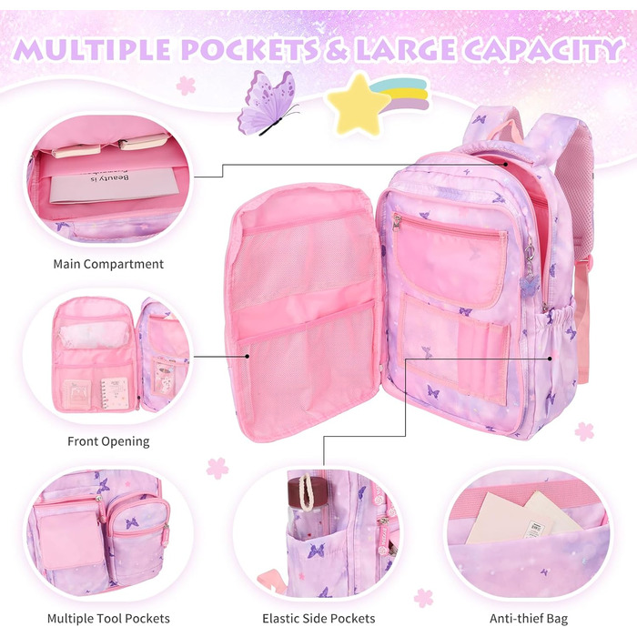 Рюкзак шкільний для дівчинки Schulrucksack, 43x35x17 см, фіолетовий з метеликами, для дітей 5-10 років, велика місткість